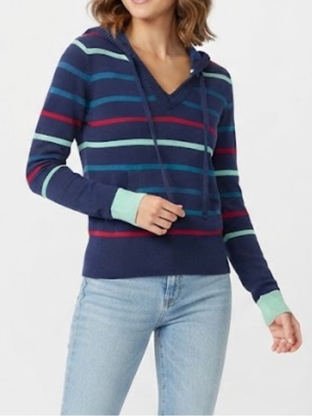 Rue21 Navy Striped Y2K V-Neck Hoodie Sweater with Mint and Teal Accents Large